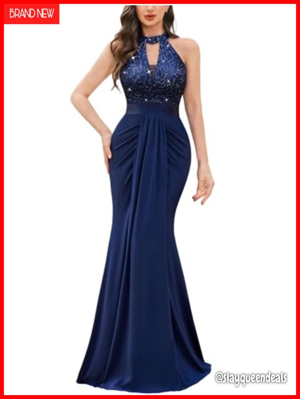Mermaid Halter V-Neck Sequin Lace Ruched Formal Maxi Gown Sleeveless